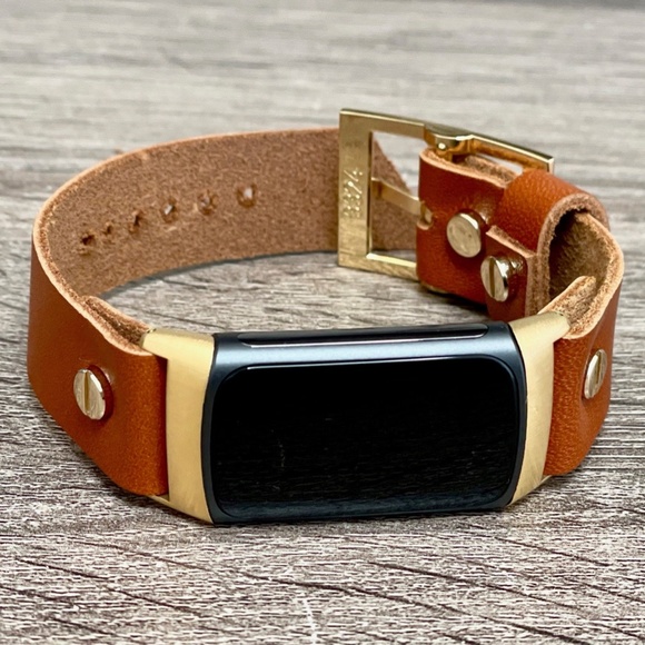 Bronze Brown Leather Gold Fitbit Charge 5 Band Women Strap Bracelet - Picture 5 of 8
